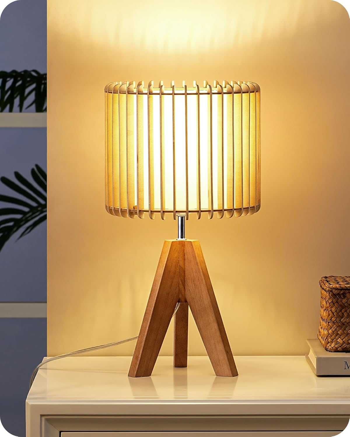 Tripod Table Lamp, Wood Base & Linen Shade, 14.2 Inch