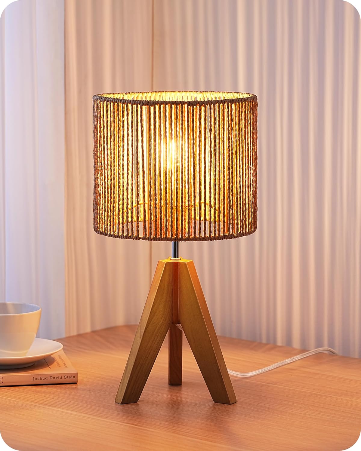 Tripod Table Lamp, Wood Base & Linen Shade, 14.2 Inch