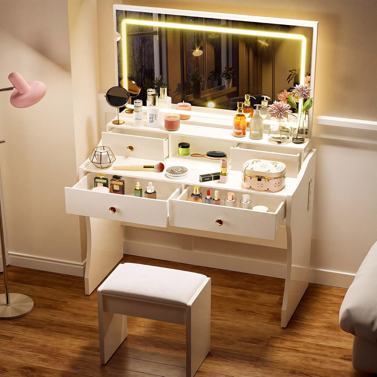 Vanity Desk with LED Mirror & Power Outlet, 5 Drawers