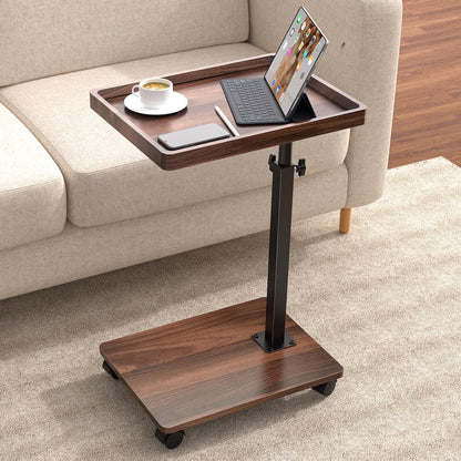 Adjustable Height C Table – 360° Swivel Couch Side Table, Slides Under Sofa, Walnut Brown